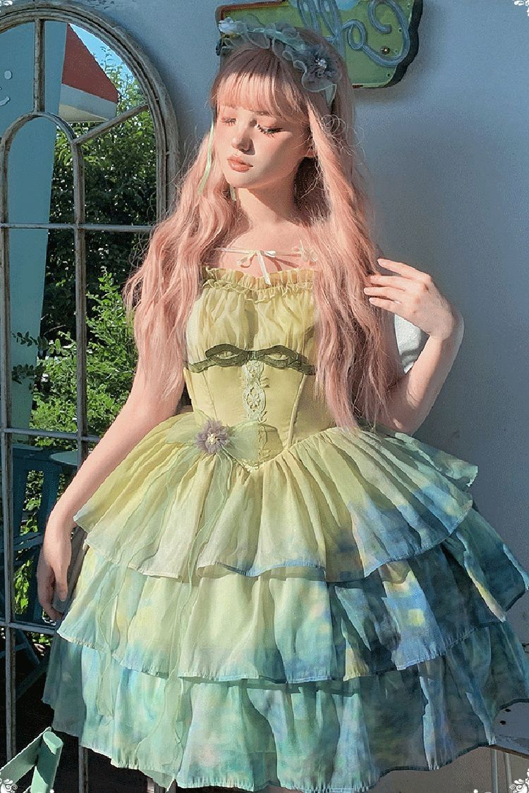 Green Gradient The Forty-Fourth Sunset Oil Painting Triple-Layered Ruffle Bowknot Sweet Lolita Jsk Dress