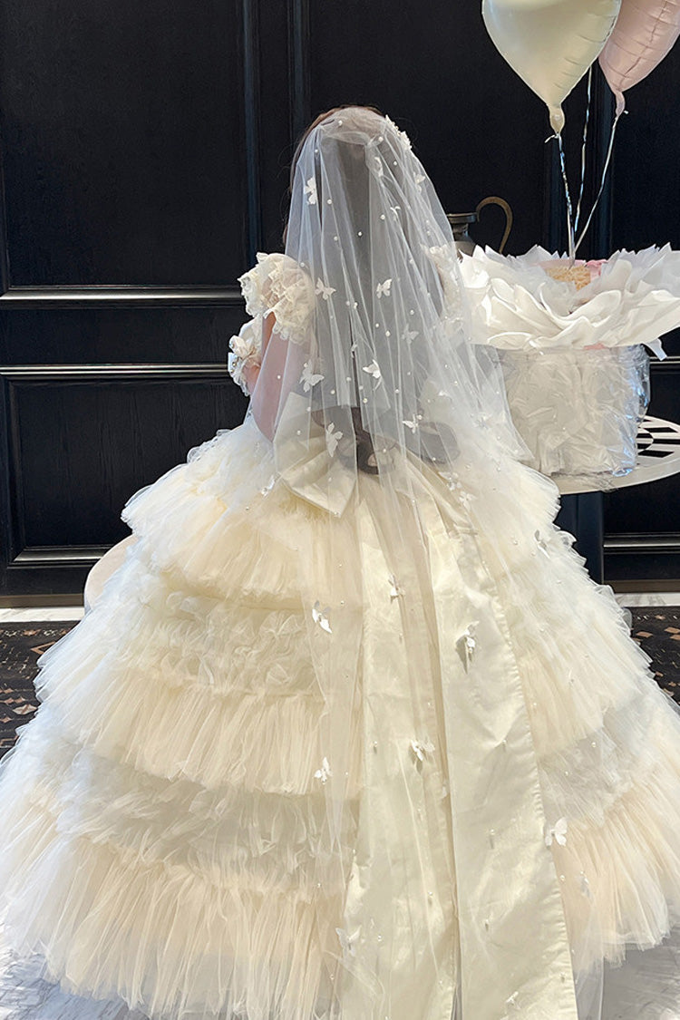 White Maiden's Love Off Shoulder Triple-Layered Ruffled Hanayome Bow Lace Sweet Princess Lolita Dress