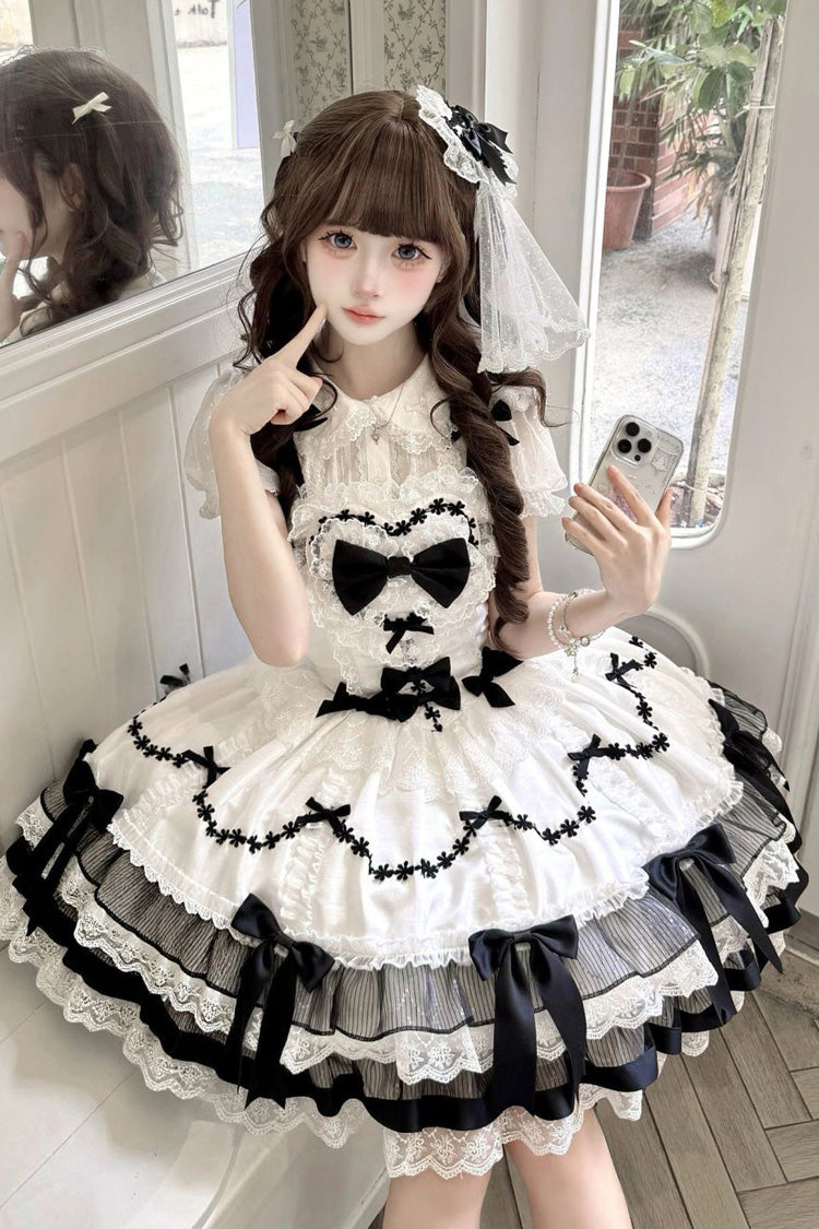 Black/White Scarlet Heart Cocoa Sleeveless Triple-Layered Ruffle Embroidery Bowknot Lace Sweet Lolita Jsk Dress