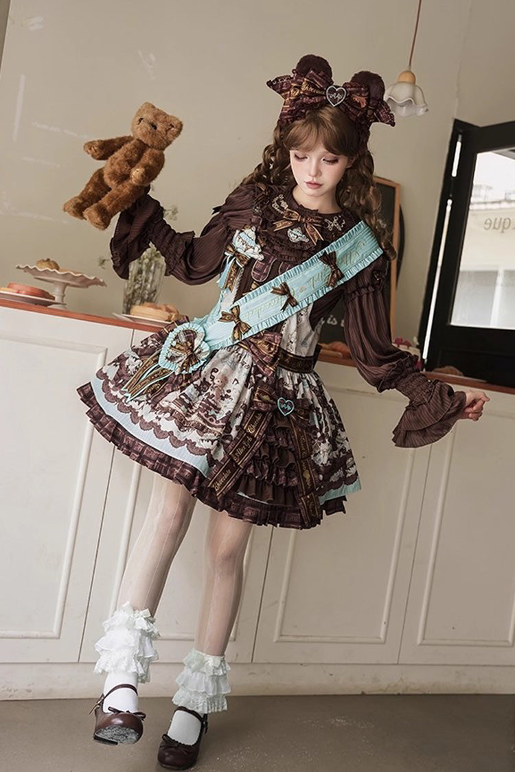 Brown Teddy Bear Chocolate Sleeveless Print Ruffle Side Cardigan Bowknot Asymmetric Sweet Lolita Strap Dress