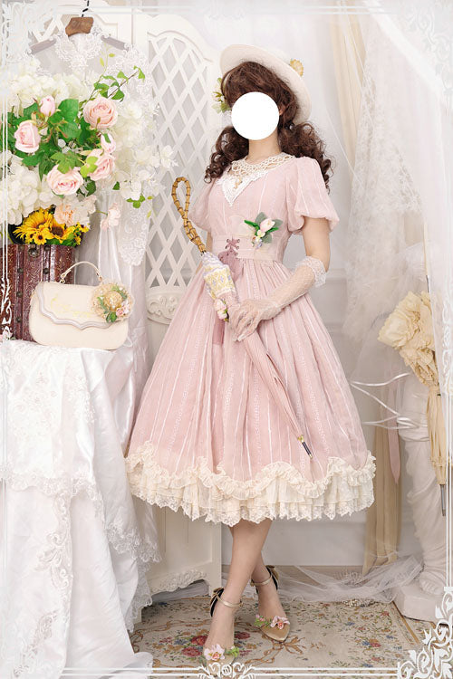Pink Elegant Vintage Square Collar Short Sleeves Multi-Layer Ruffled Classic Lolita OP Dress