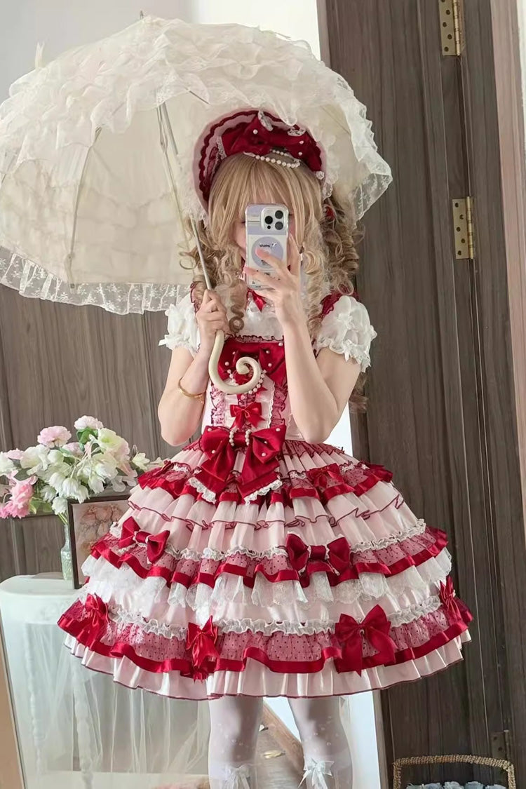 Red Ribbon Berries Sleeveless Multi-Layered Ruffle Bowknot Lace Sweet Lolita Jsk Dress