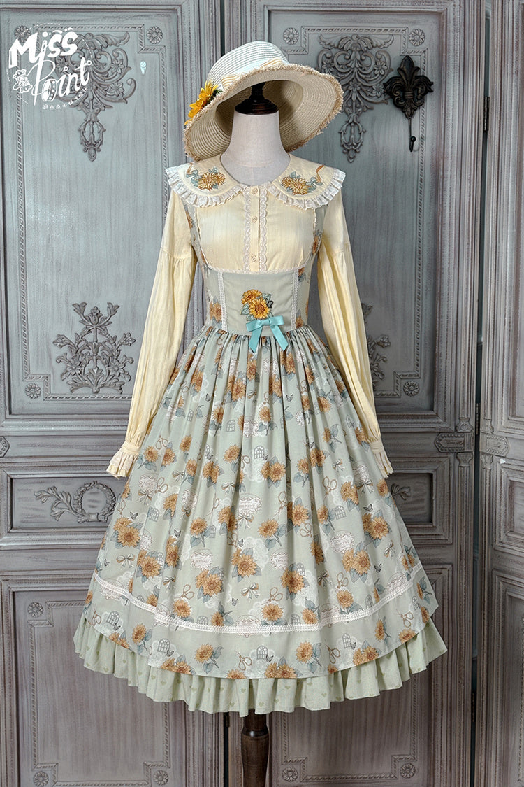 Green Gardening Sunflower Sleeveless Print Ruffle Bowknot Sweet Elegant Uplift Lolita Jsk Dress