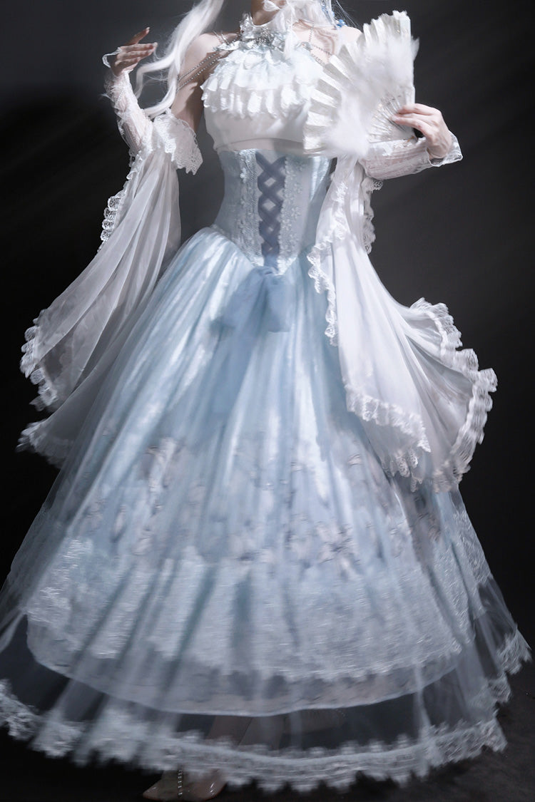 Blue Snow Lily Print Ruffle Hanayome Embroidery Bowknot Lace-Up Sweet Elegant Princess Lolita Skirt Set