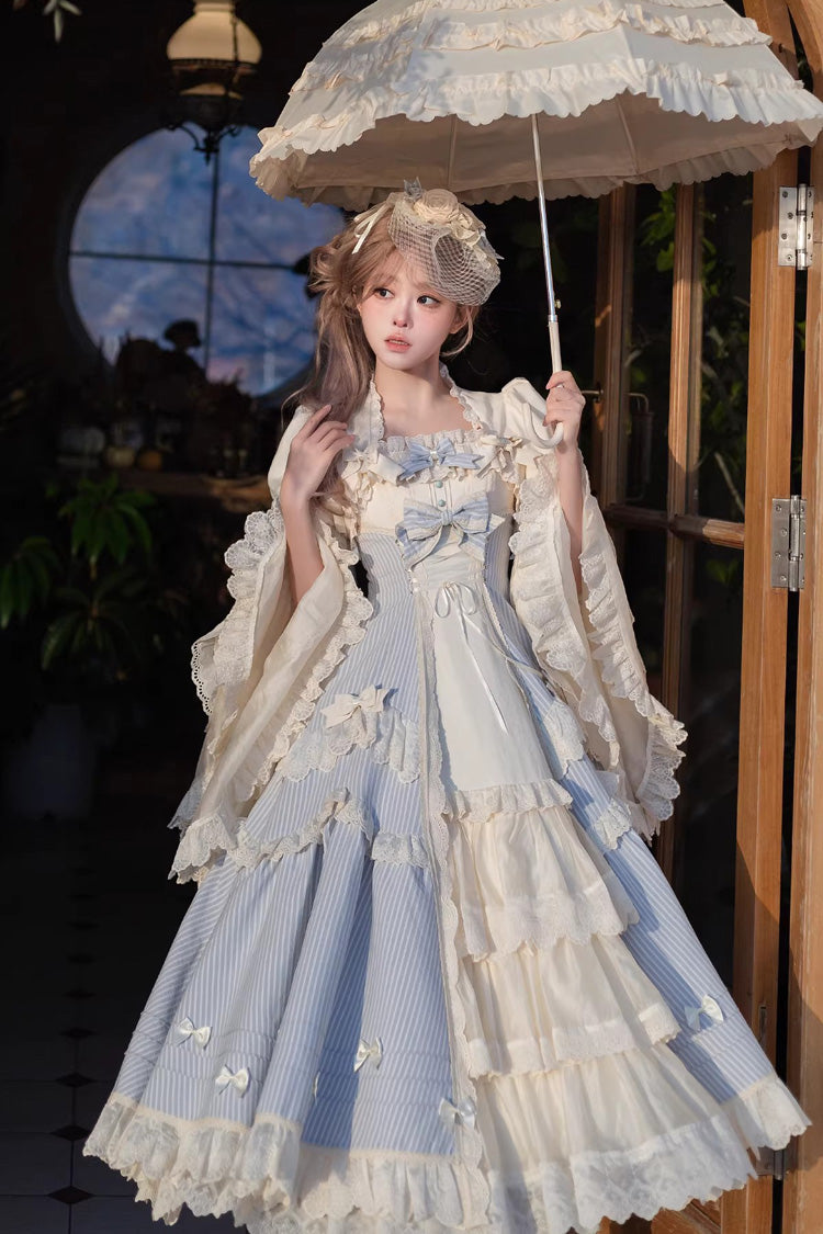 Blue Letter Paper Sleeveless Double-Layered Printed Ruffled Open-Front Bow Lace-Up Sweet Lolita Jsk Dress (Long Version)