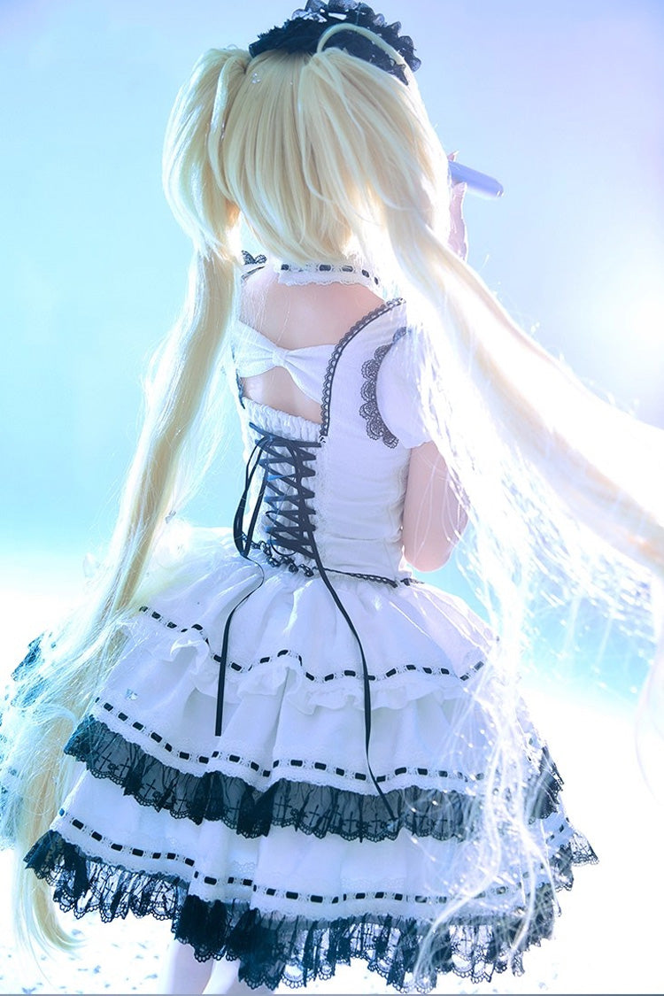 White Witch Long Trumpet Sleeves Double-Layered Ruffle Bowknot Lace-Up Gothic Lolita Skirt Dress Set