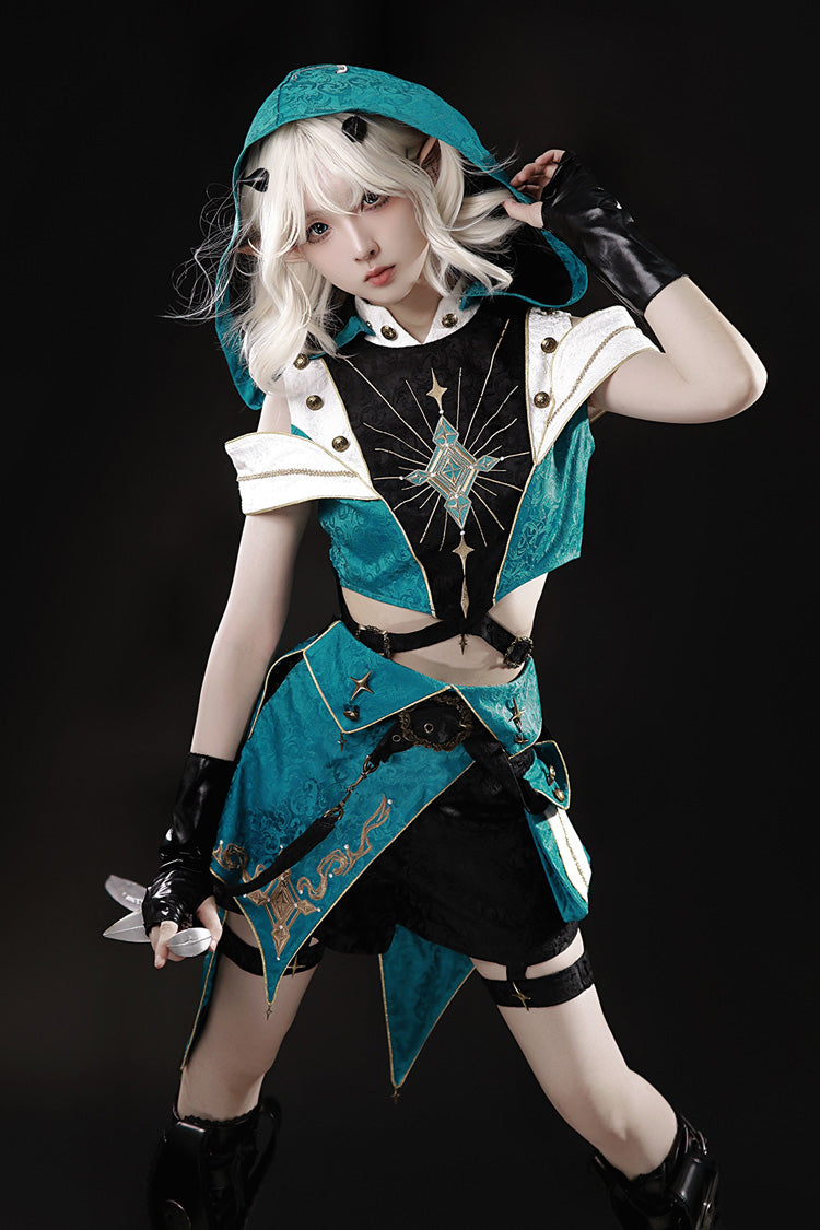 Blue/Green Traveler's Outfit Print Embroidery Hooded Ouji Fashion Sweet Handsome Lolita Set