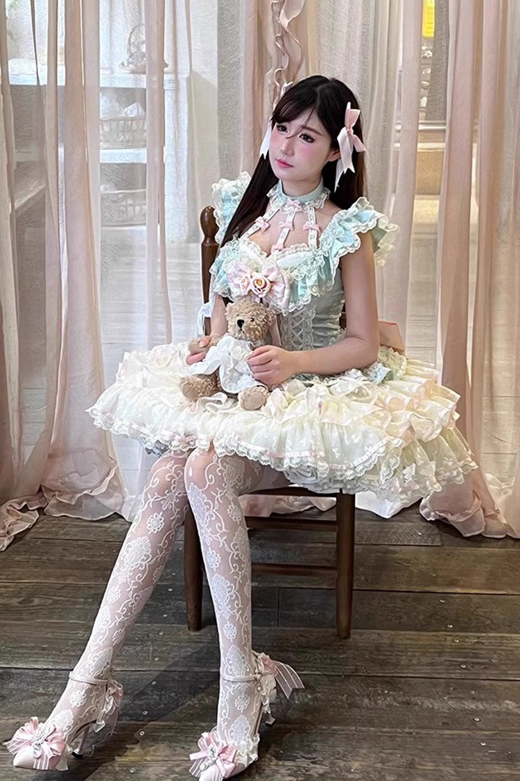 Green Flower Language of Eros Halterneck Multi-Layered Ruffle Bowknot Rose Lace Lace-Up Sweet Ballet Lolita Jsk Dress