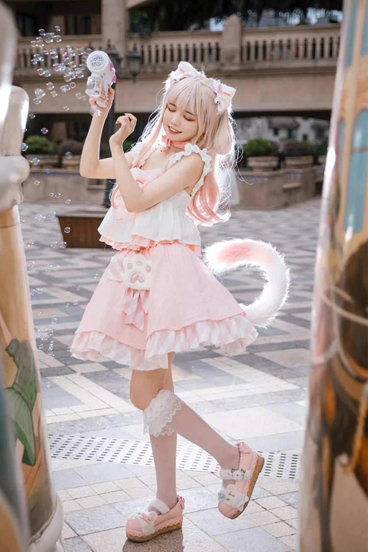 Pink Miss Meow Print Ruffle Bowknot Sweet Lolita Skirt Set