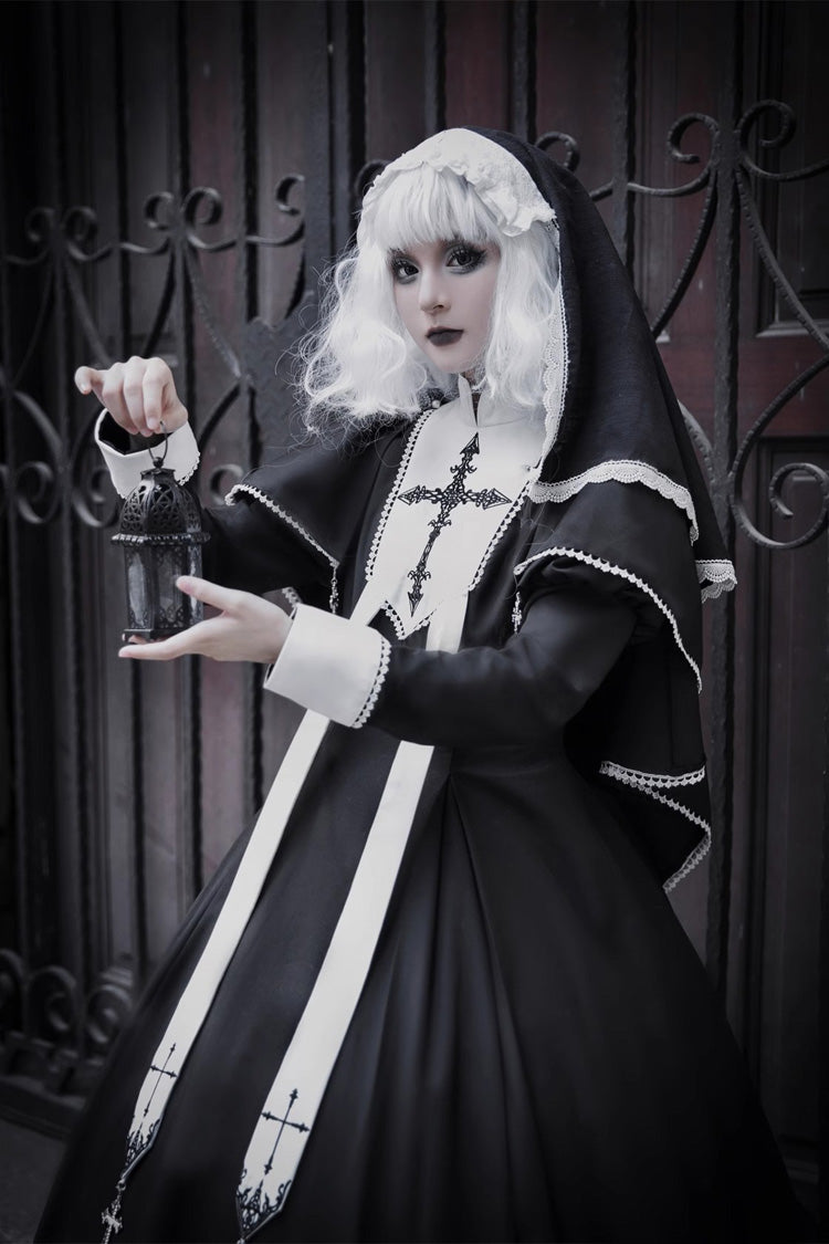 Black Nun Long Sleeves Print Stitching Lace Gothic Elegant Lolita Dress
