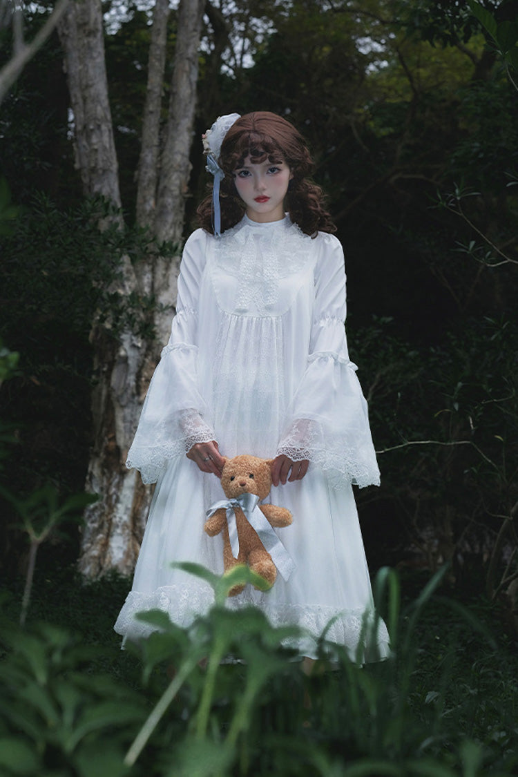 White Requiem Stand Collar Long Sleeves Ruffle Lace Gothic Lolita Dress