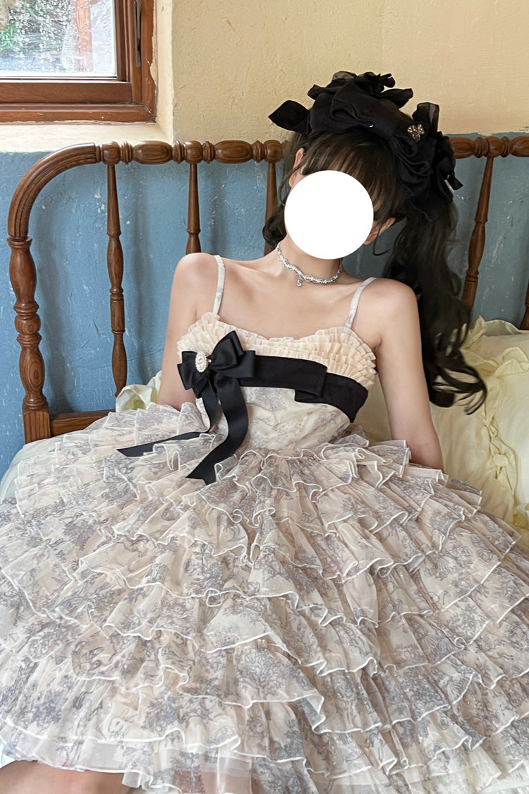 Multi-Color Wonderland Travels Multi-Layered Print Ruffle Bowknot Sweet Lolita Tiered Dress