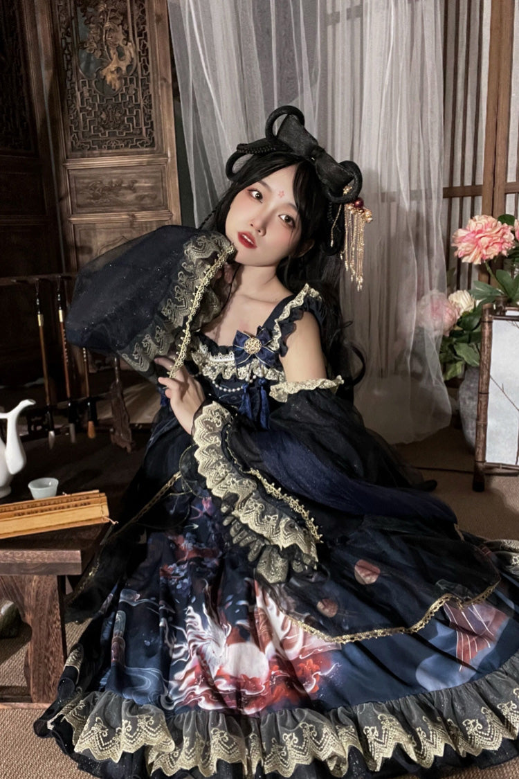 Nine-tailed fox Print Ruffle Bowknot Classic Chinese Style Princess Lolita Jsk Dress 2 Colors