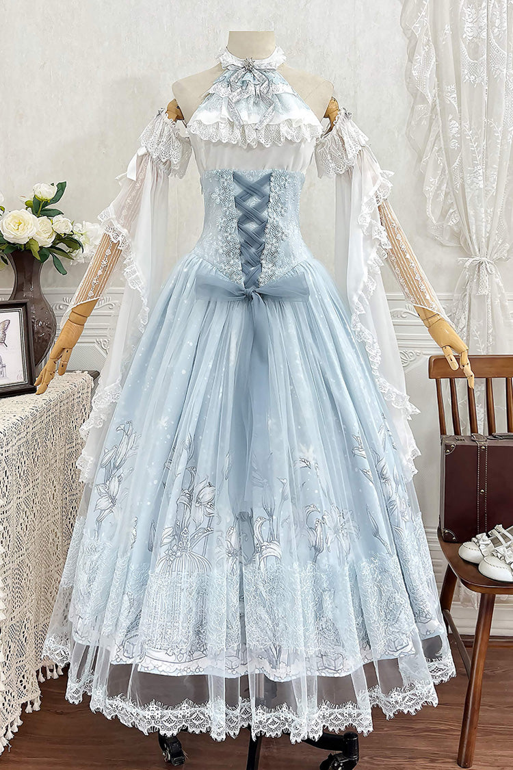 Blue Snow Lily Print Ruffle Hanayome Embroidery Bowknot Lace-Up Sweet Elegant Princess Lolita Skirt Set