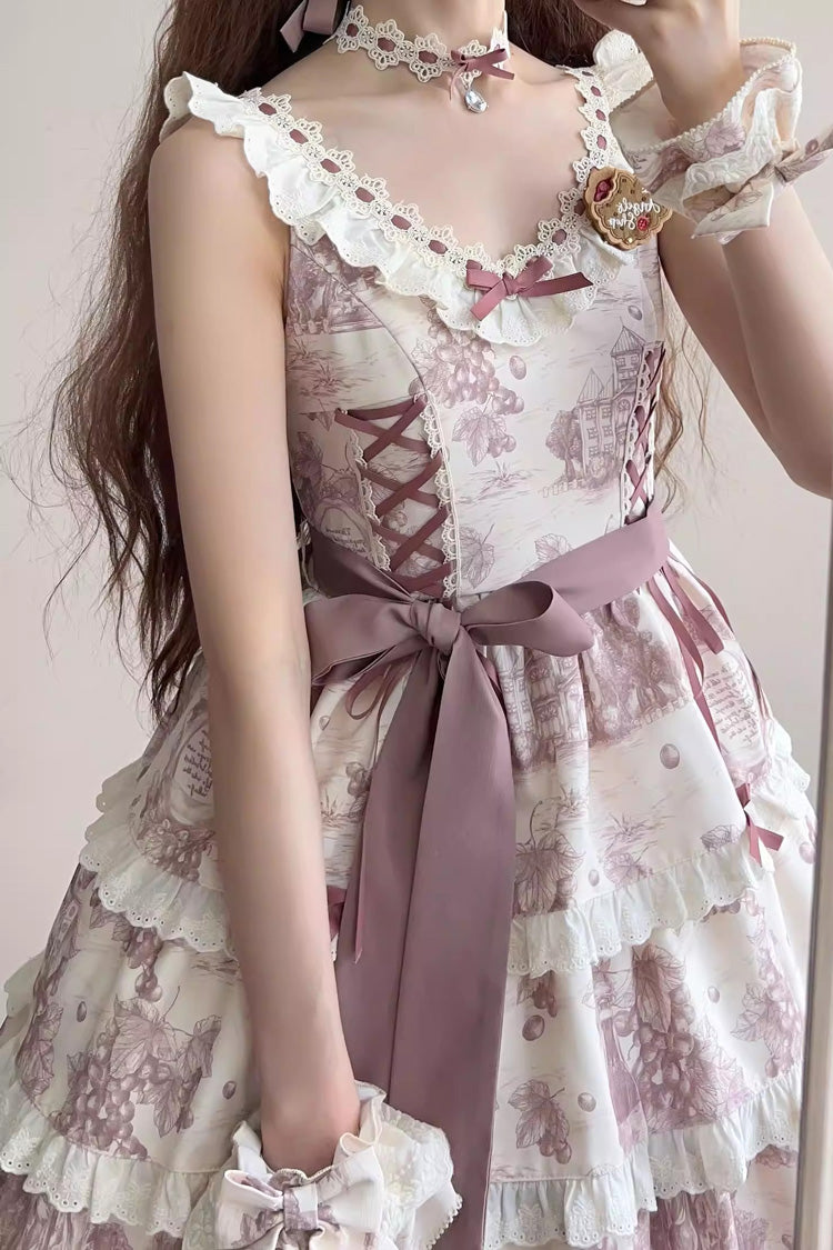 Smoky Purple Grape Moon Almanac Sleeveless Multi-Layered Printed Ruffled Bow Adjustable-Length Sweet Lolita Jsk Dress