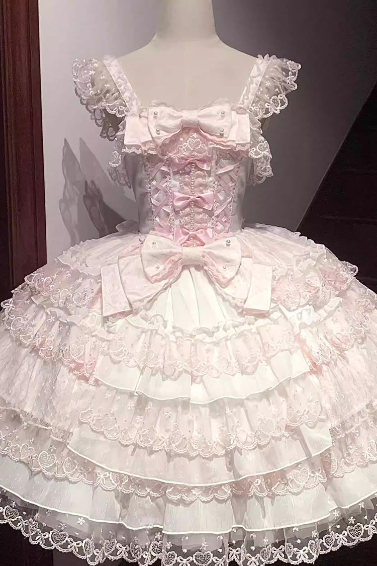 Pink/White Love Overture Multi-Layered Ruffle Bowknot Lace Sweet Lolita Jsk Dress