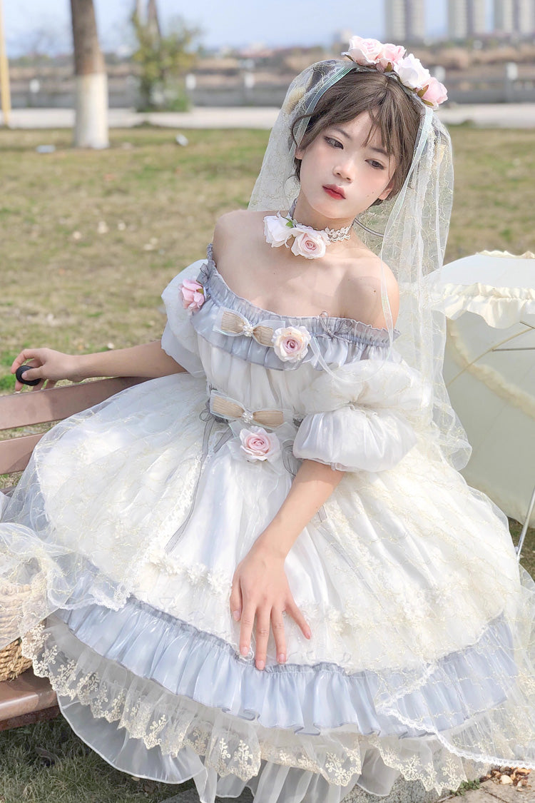Grey/Blue Spring of Boliya Long Sleeves Multi-Layered Ruffle Bowknot Lace Lace-Up Sweet Princess Lolita Dress
