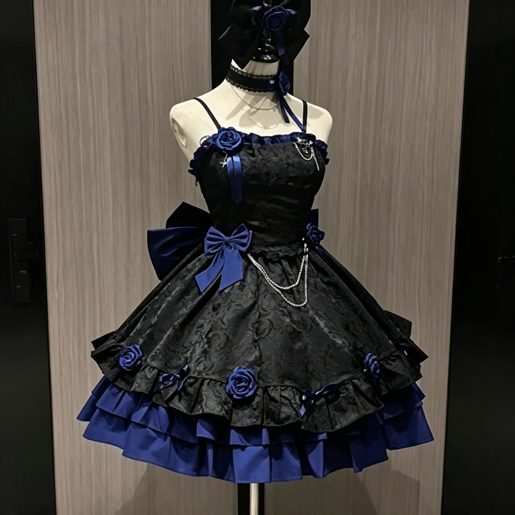 Black/Blue Print Ruffle Bowknot Gothic Princess Lolita Jsk Dress