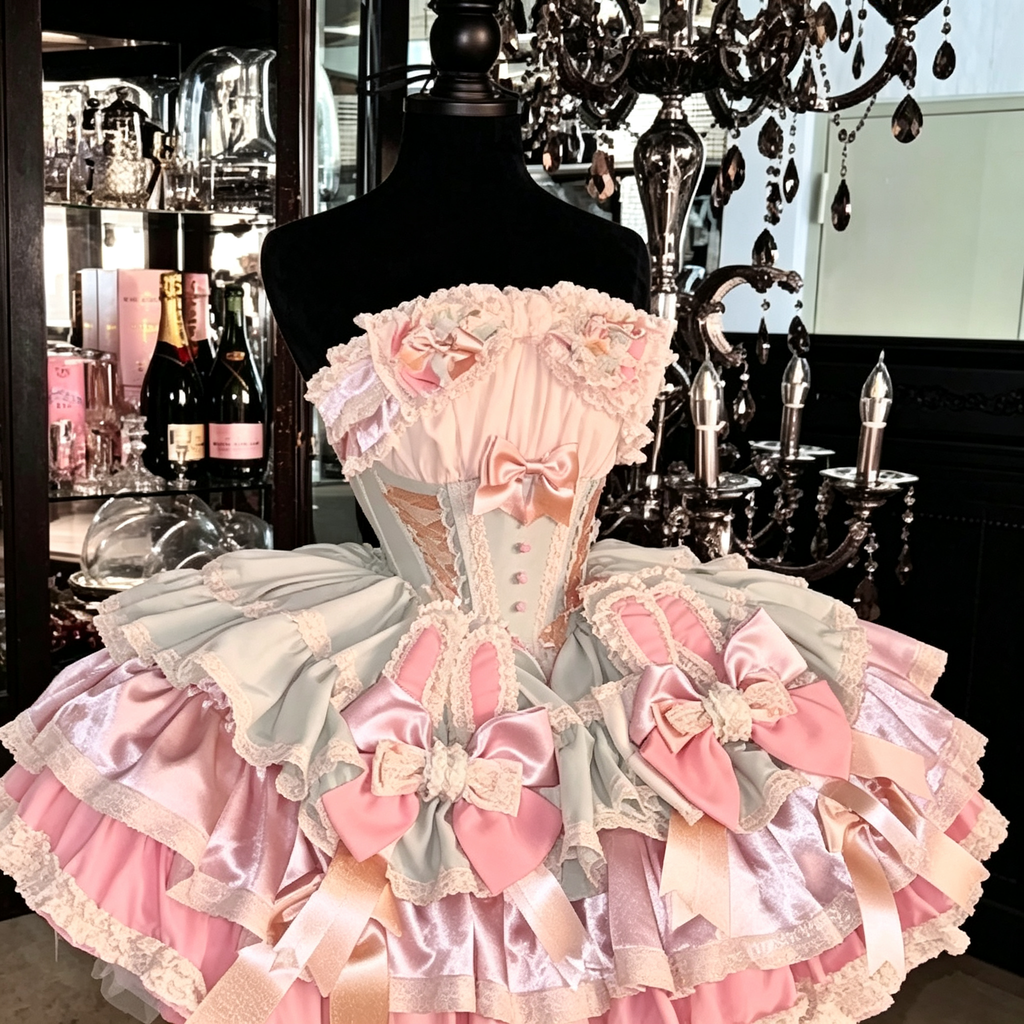 Ribbon Dance Multi-Layered Ruffle Bowknot Lace-Up Sweet Princess Lolita Dress 3 Colors