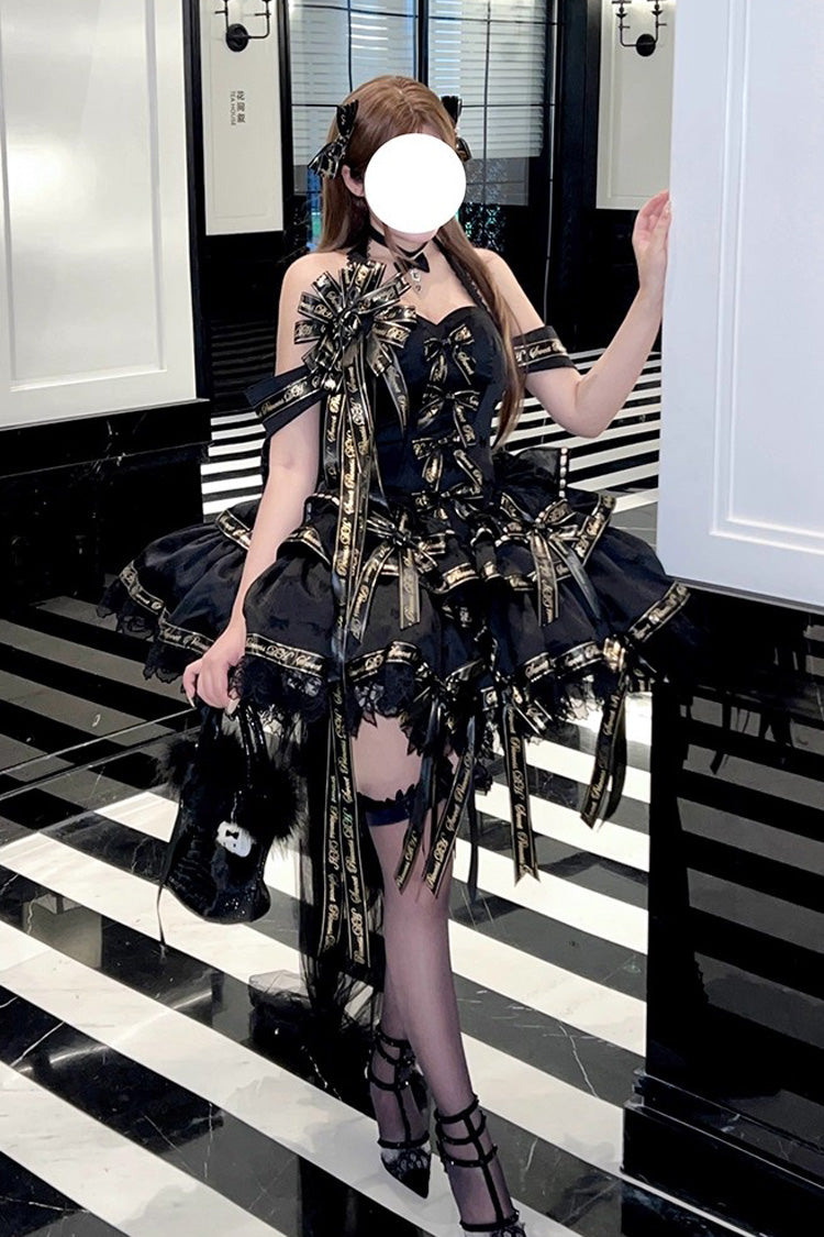 Black Young Lady Halterneck Sleeveless Multi-Layered Ruffle Bowknot Elegant Princess Gothic Lolita Dress