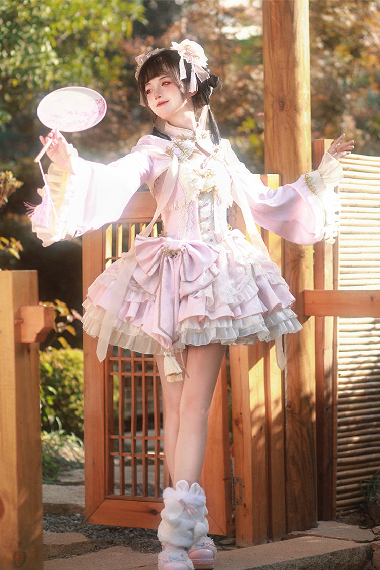 Pink White Pear Dream Multi-layer Ruffle Lace Sweet Chinese Style Princess Lolita Jsk Dress