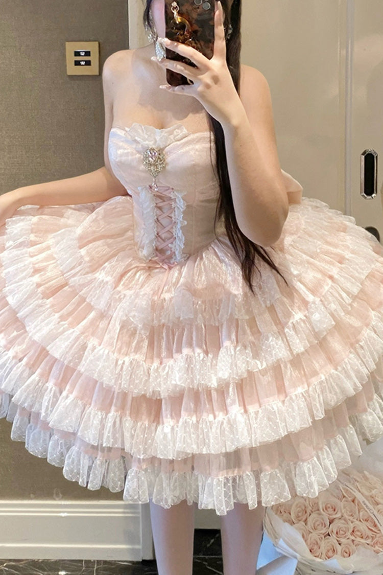 Pink Heartbeat at First Sight Off Shoulder Sleeveless Multi-Layered Ruffle Bowknot Lace Lace-Up Sweet Princess Gorgeous Lolita Dress