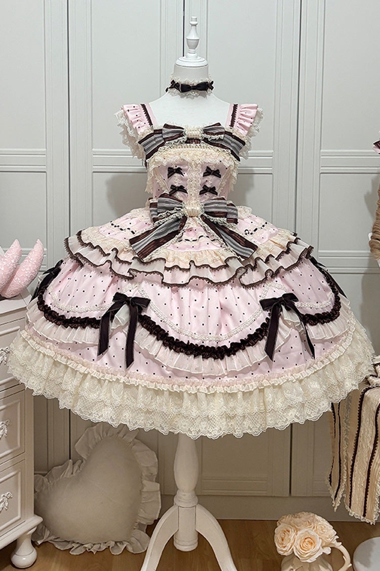 Pink Shengqiao Tata Sleeveless Print Ruffle Bowknot Lace-Up Sweet Elegant Lolita Jsk Dress
