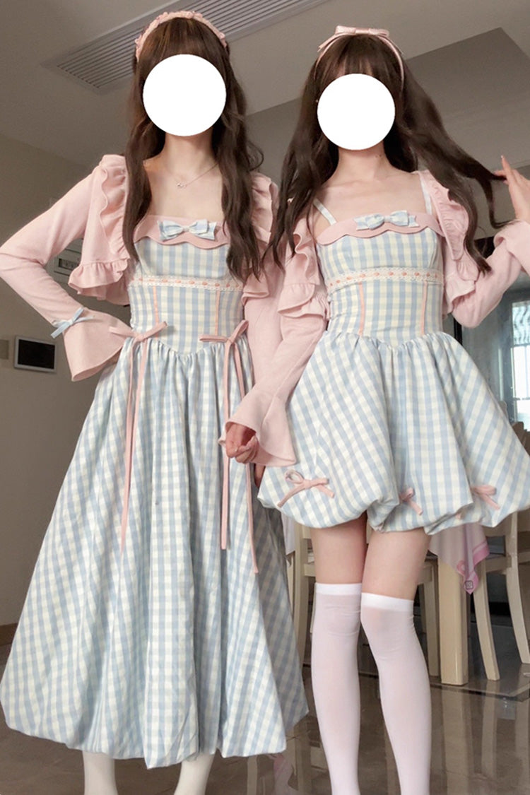 Blue Sea Salt Strawberries Sleeveless Plaid Print Bowknot Sweet Lolita Jsk Long Dress