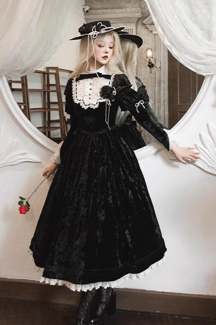 Black Whispering Castle Long Sleeves Ruffle Bowknot Lace Gothic Lolita Dress
