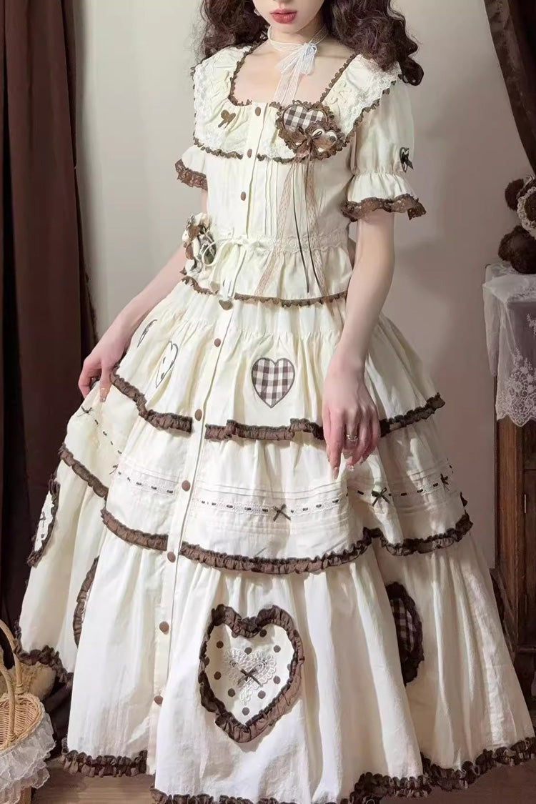 Ivory Lovely Heart Triple-Layered Ruffle Embroidery Bowknot Sweet Elegant Lolita Skirt