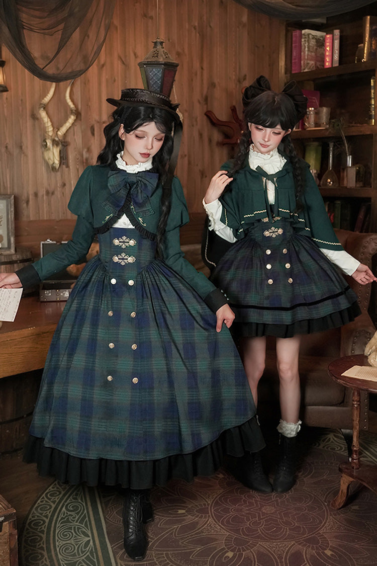 Blue/Green Berlin's letter Double-Layered Plaid Print Ruffle Bowknot Classic College Style Lolita Strap Dress Set 2 Versions