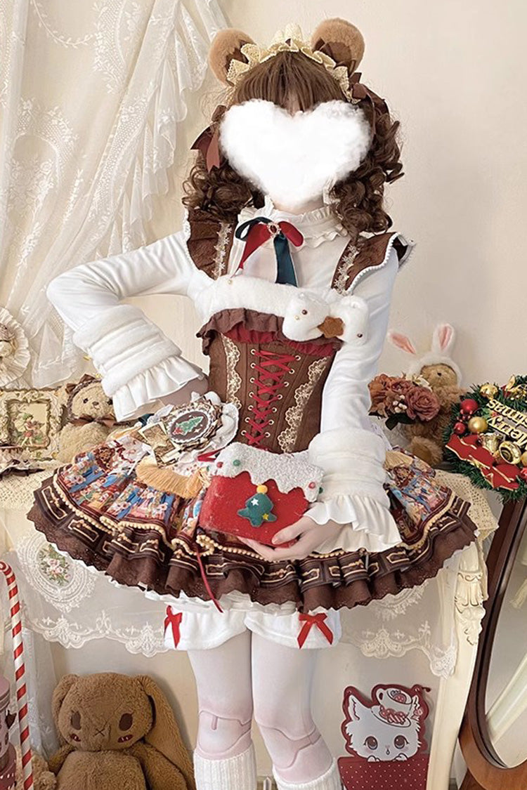 Brown Candy House Multi-Layered Print Ruffle Bowknot Lace-Up Sweet Ballet Lolita Jsk Dress