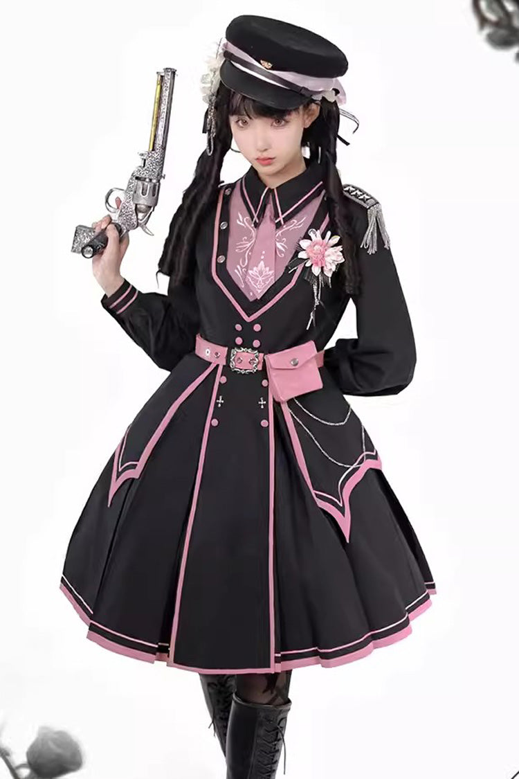 Black/Pink Long Sleeves Ruffle Gothic Military Elegant Princess Lolita Dress