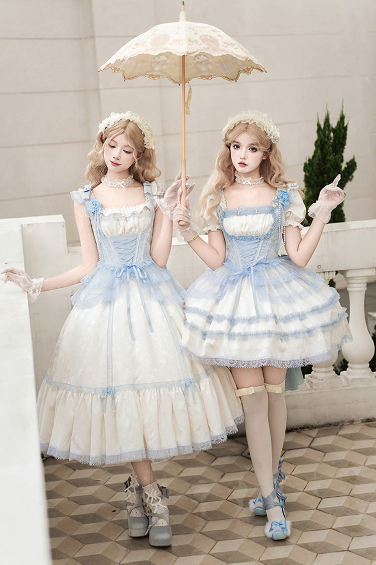 Ivory Sea Salt Iced Tea Square Collar Flying Sleeves Ruffle Fishbone Sweet Lolita Jsk Long Dress