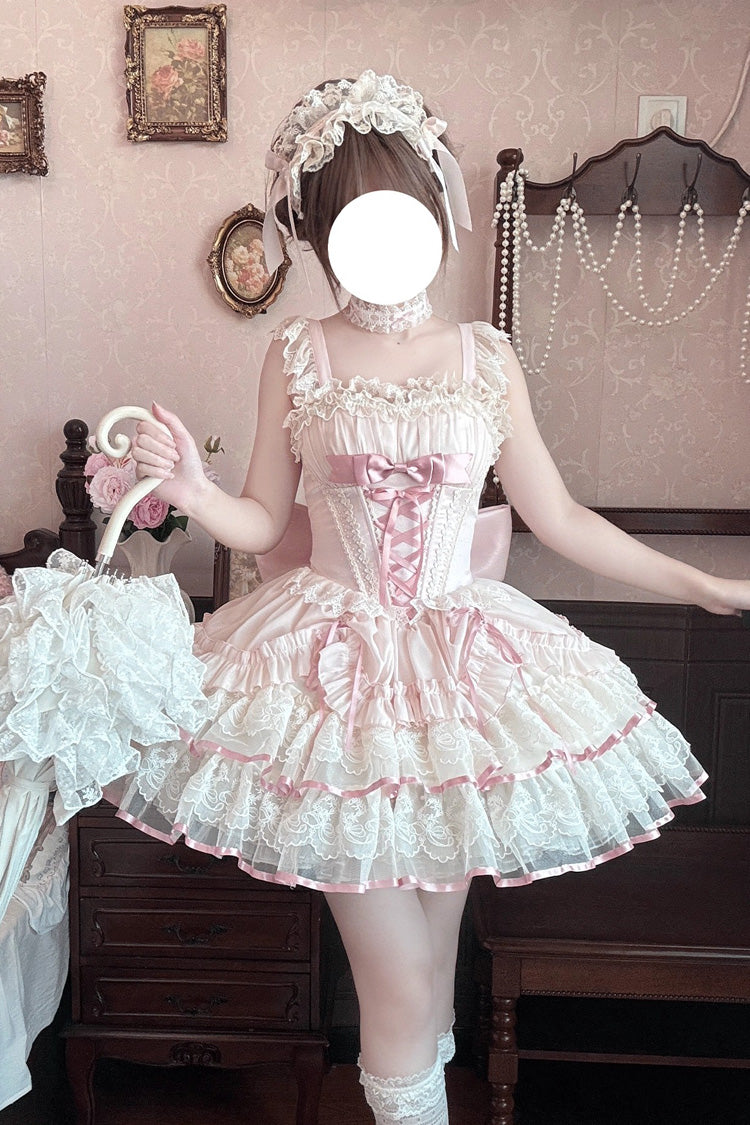 Pink Bale Bebe Sleeveless Triple-Layered Ruffled Bow Lace-Up Sweet Ballet Lolita Dress