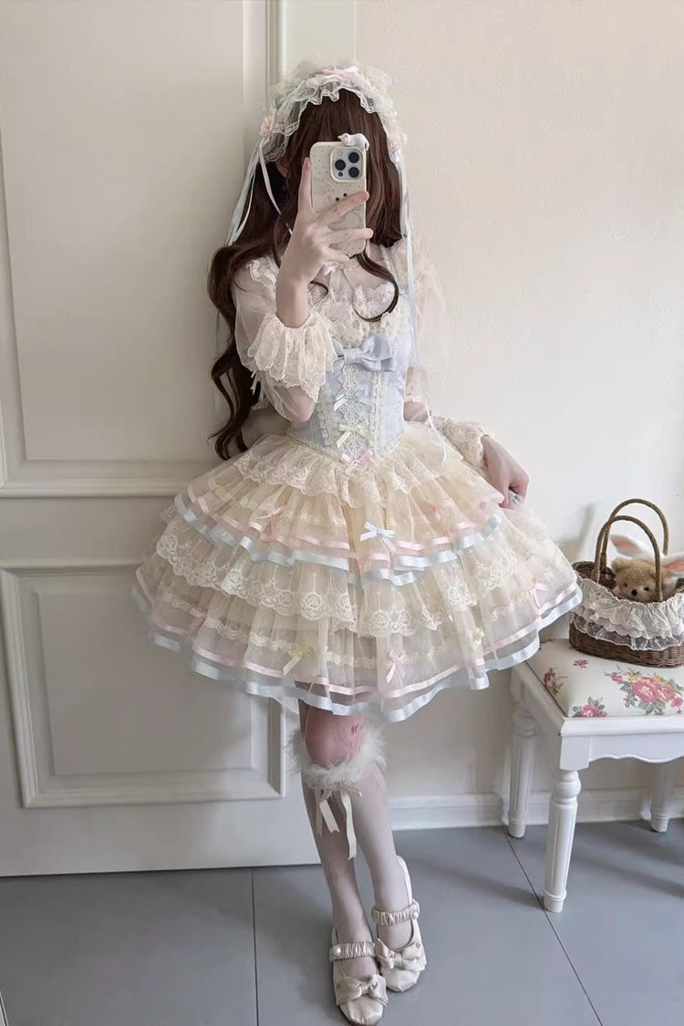 Blue Butterfly Heart Ballet Triple-Layered Ruffle Bowknot Lace Sweet Ballet Lolita Jsk Dress