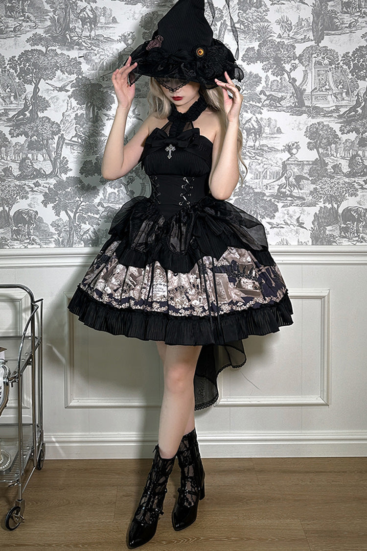 Black The Mystery of The Doll Halterneck Print Ruffle Bowknot Drawstring Gothic Lolita Dress