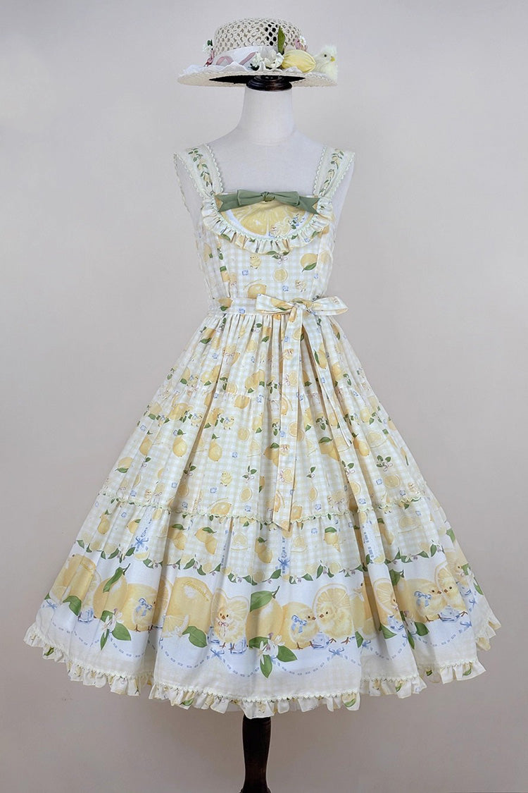 Yellow Lemon Chicken Print Ruffle Bowknot Lace Sweet Lolita Jsk Long Dress