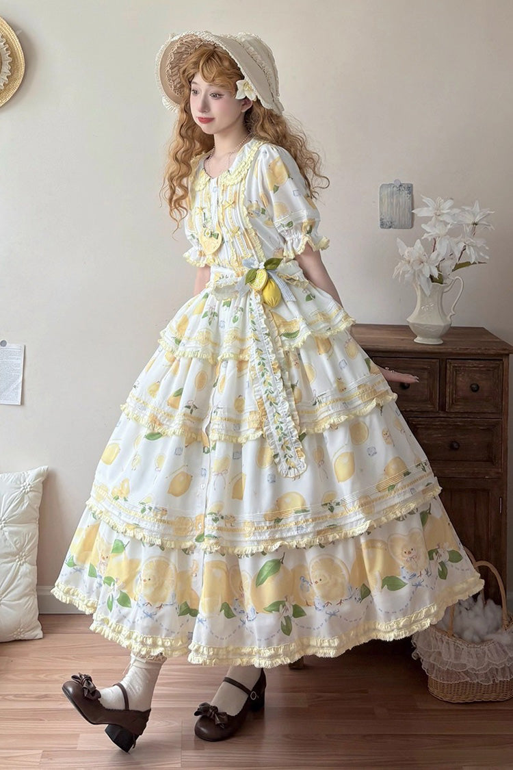White Lemon Chicken Short Sleeves Triple-Layered Print Ruffle Bowknot Lace Sweet Gorgeous Lolita Dress