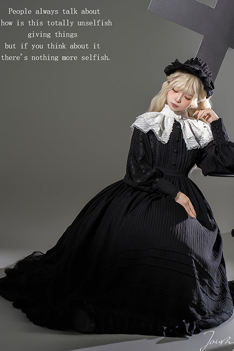 Black/White Quiet Place Long Sleeves Jacquard Ruffle Embroidery Bowknot Gothic Lolita Dress