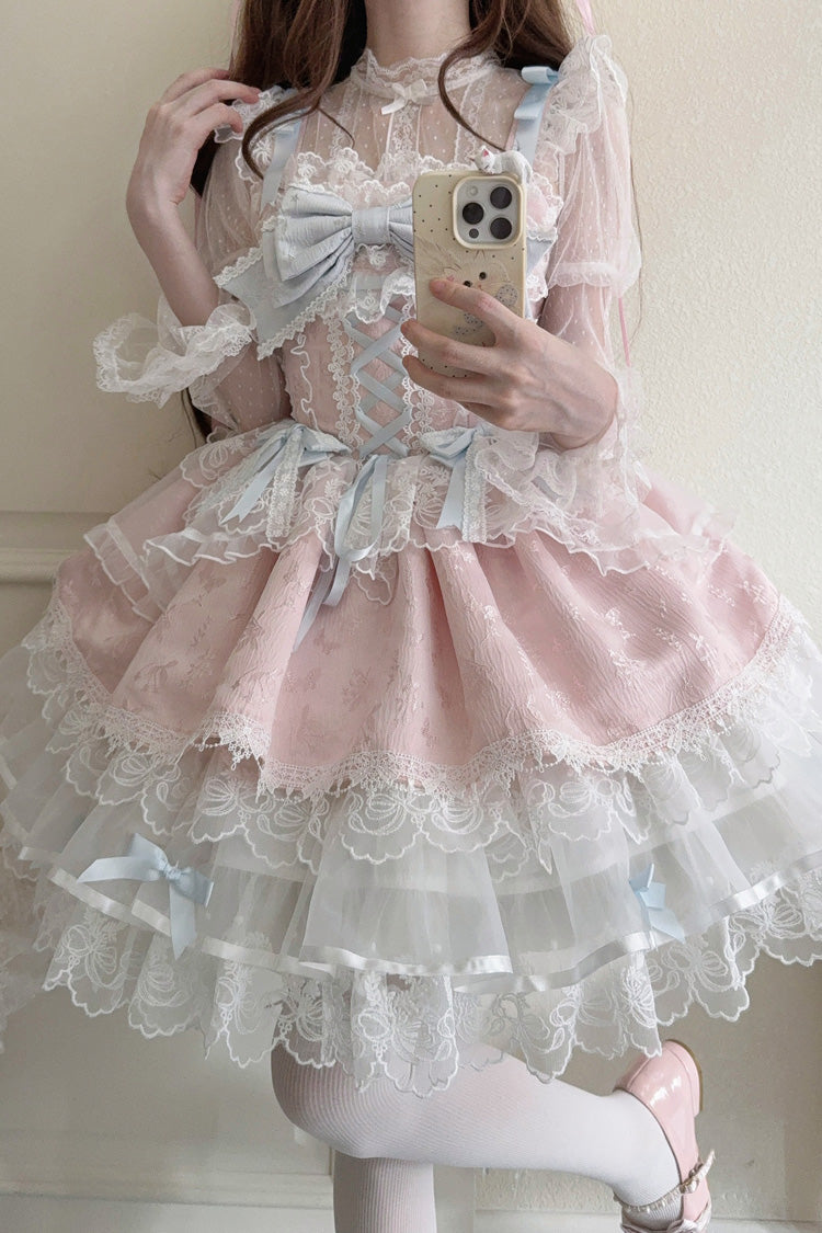 Pink Fleishi Island Sleeveless Ruffle Bowknot Lace Slim Sweet Ballet Lolita Jsk Dress