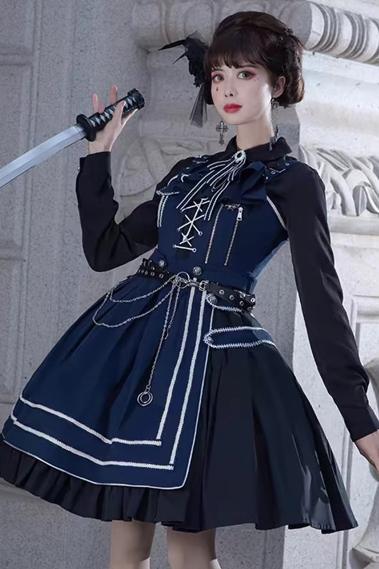 Blue Ruffle Lace-Up Gothic Military Handsome Lolita Dress
