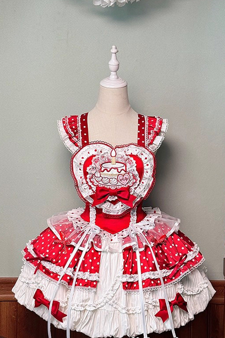 Red/White Twin Bears Birthday Cake Sleeveless Print Ruffle Bowknot Lace Sweet Lolita Big Flower Bud Dress