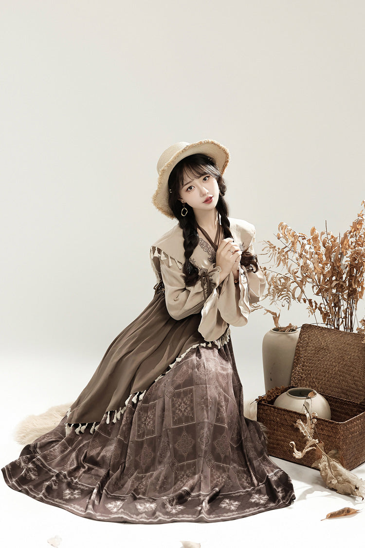 Brown Mysterious Tribe Long Lantern Sleeves Print Ruffle Asymmetric Sweet Chinese Style Lolita Dress