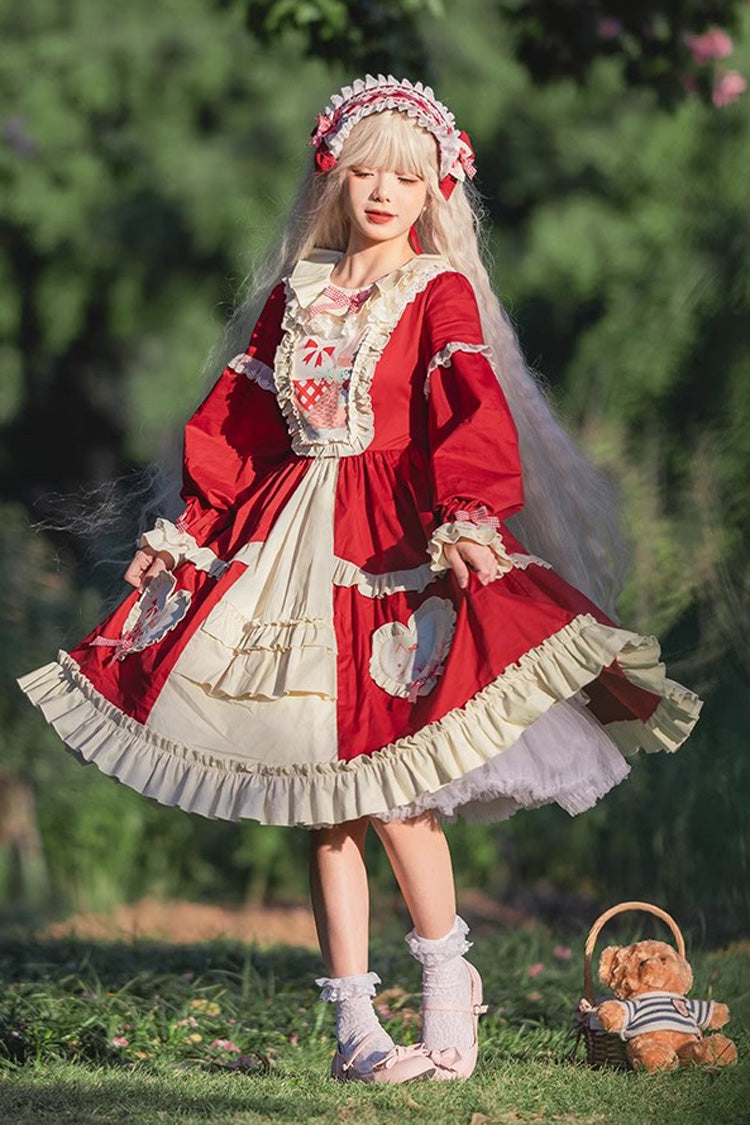 Red Cider House Long Sleeves Print Ruffle Cardigan Bowknot Sweet Lolita Dress