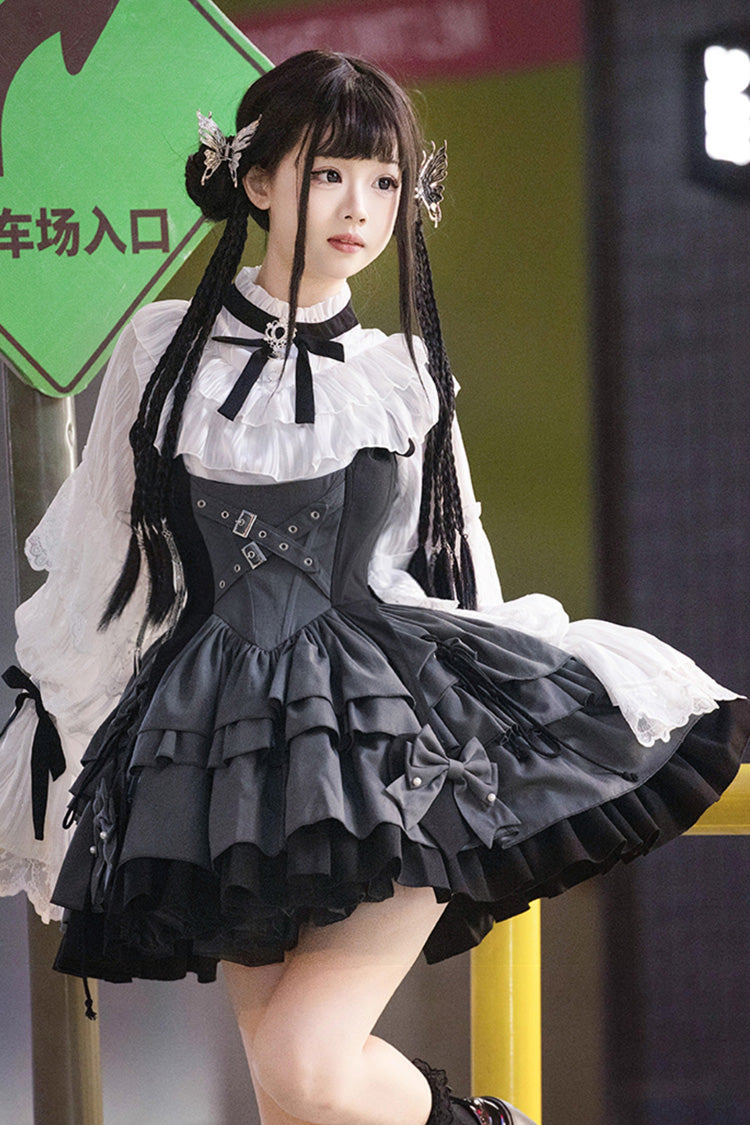 Black/Grey Machinist Sleeveless Multi-Layered Ruffle Bowknot Classic College Style Lolita Dress