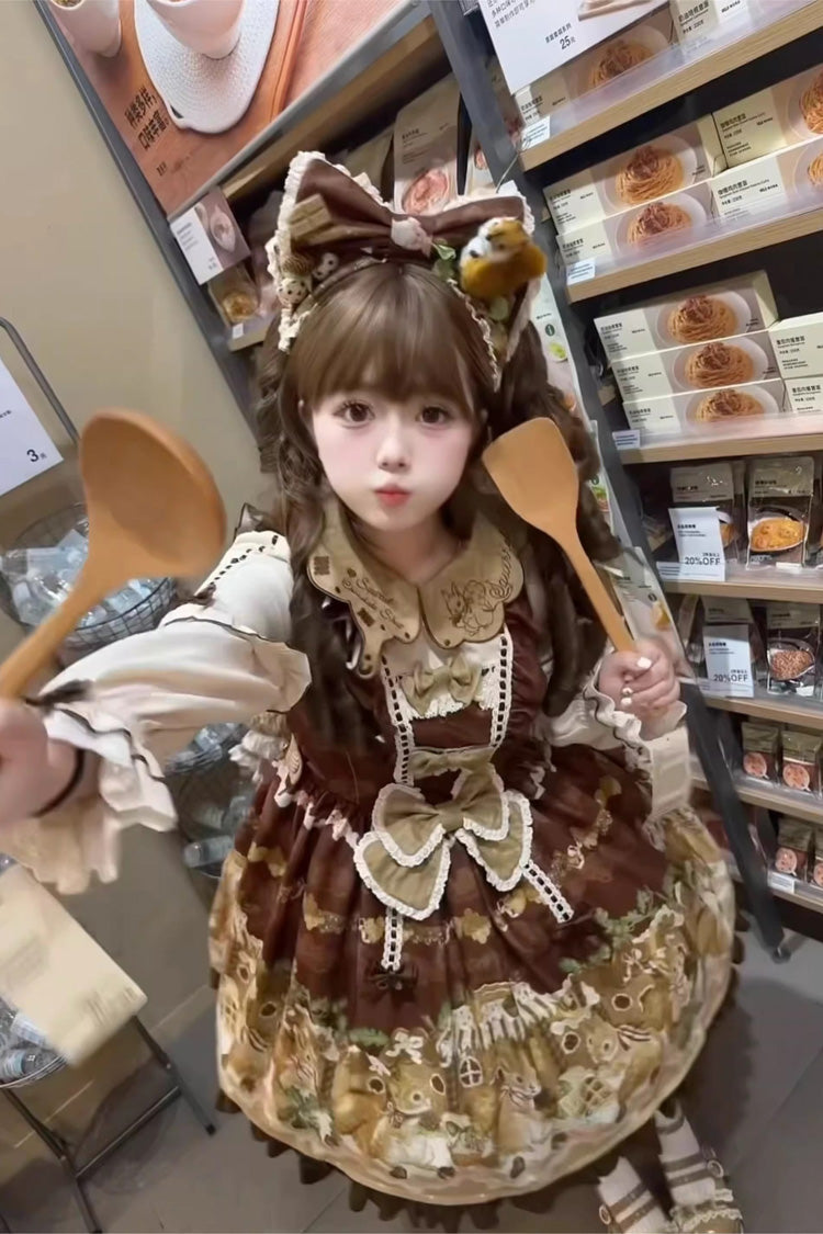 Brown Squirrel Chocolate Shop Doll Collar Long Sleeves Printed Ruffled Bow Sweet Lolita Dress