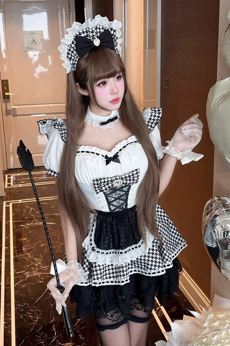 Black/White Lovely Houndstooth Square Collar Short Sleeves Print Ruffle Bowknot Lace Maid Sweet Lolita Dress