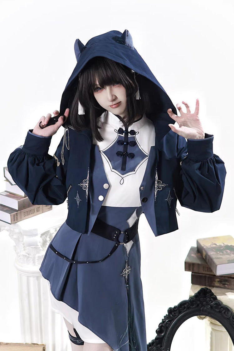 Blue Indigo Shadow Journey Stand Collar Long Sleeves Embroidered Hooded Asymmetric Punk Ouji Lolita Dress Four-Piece Set