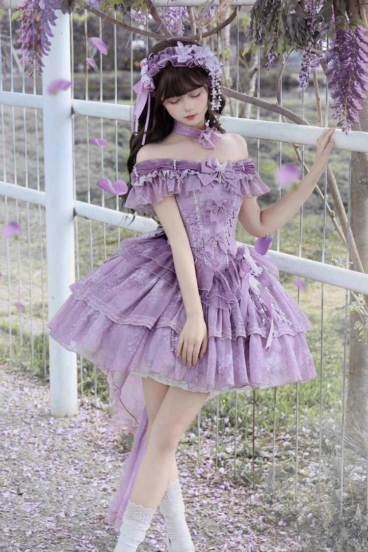 Purple Wisteria Wonderland Double-Layered Bow Lace-Up Sweet Elegant Princess Ballet Lolita Jsk Dress